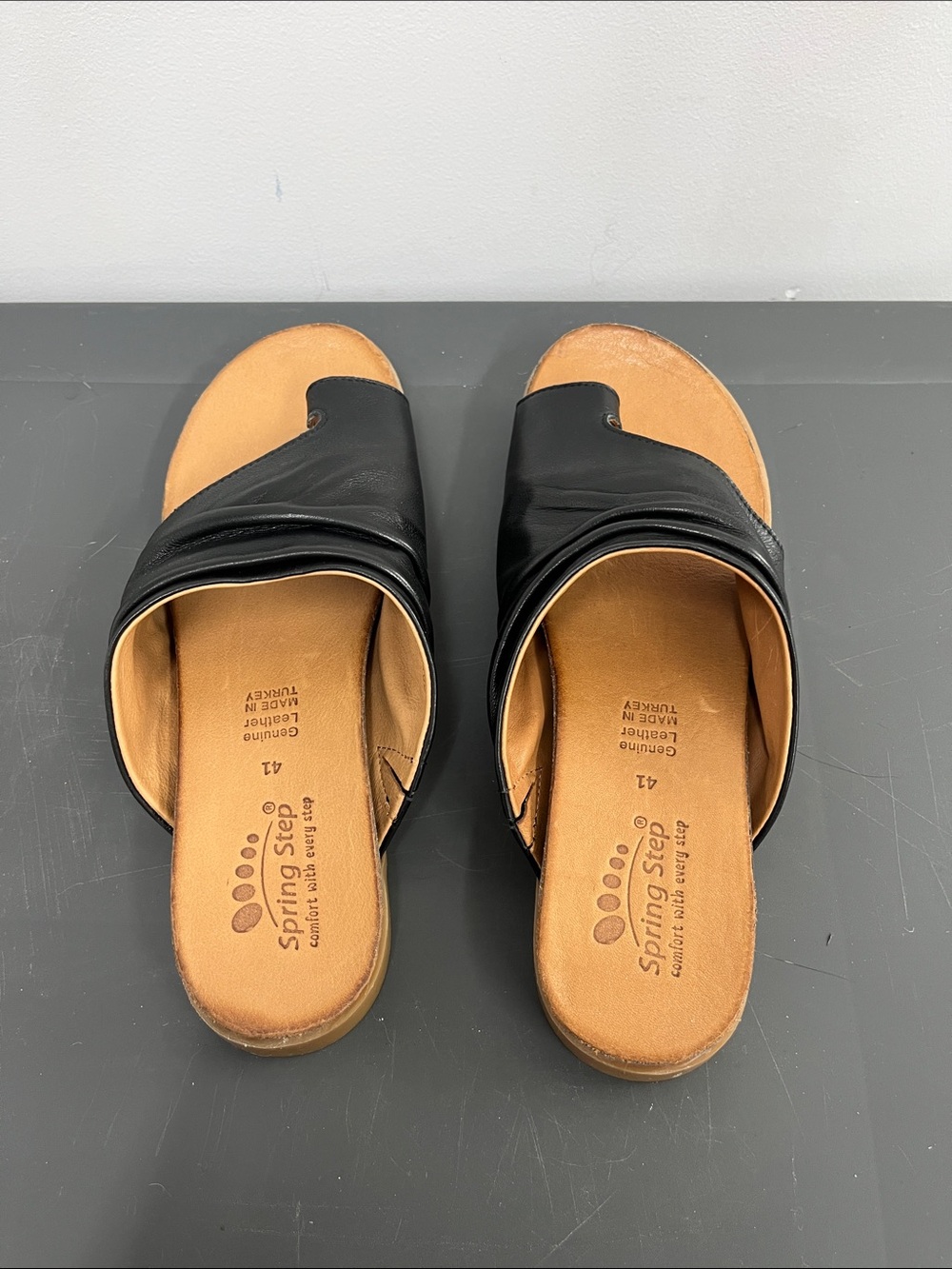Spring Step Black Slide Sandals with Tan Footbed